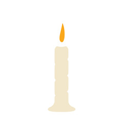 Single candle with fire on a white background with molten wax at the base. Vector simple illustration in cartoon style.