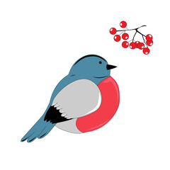 Beautiful cartoon vector bullfinch and a rowan branch.