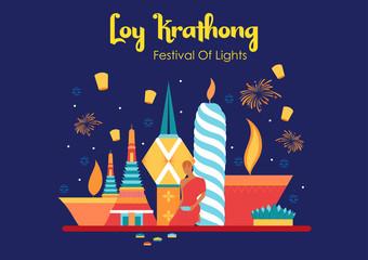illustration of Loy Krathong Siamese festival of Lights traditional celebration of Thailand