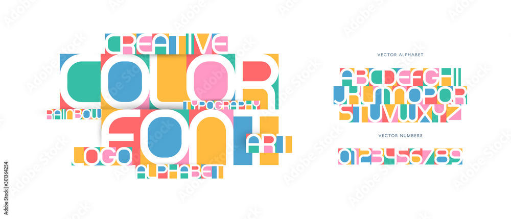 Poster colorful letters and numbers set. colored vector latin alphabet. rainbow color font. creative appliq
