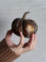 gilding pumpkin. holding pumpkin by hand