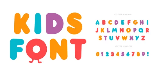 Peel and stick wall murals Daycare Kids letters and numbers set. Cartoon bold style alphabet. Childish font for events, promotions, logos, banner, monogram and poster. Vector typography design.