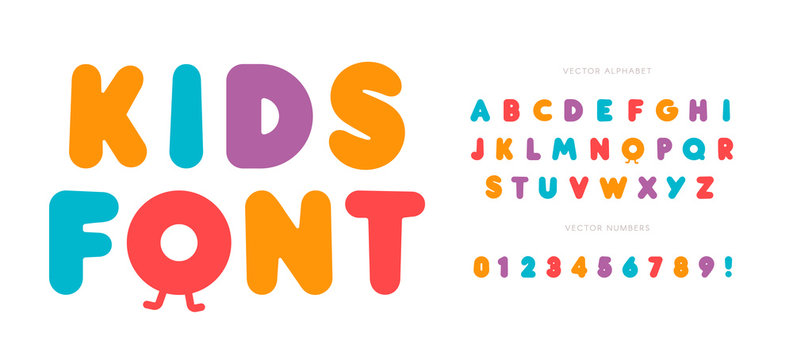 Kids letters and numbers set. Cartoon bold style alphabet. Childish font for events, promotions, logos, banner, monogram and poster. Vector typography design.