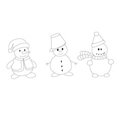 Three funny Christmas snowmen. Outline vector illustration.