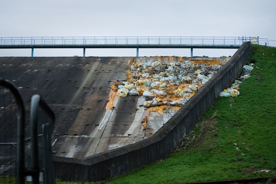 Toddbrook Reservoir, Whaley Bridge, High Peak Image After Dam Collapse Disaster, Showing Temporary Repair And Drained Reservoir