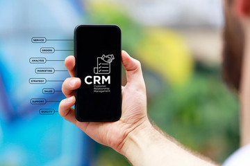 CRM - Customer Relationship Managament - icon with keywords