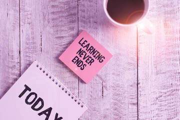 Word writing text Learning Never Ends. Business photo showcasing Life Long Educational and Wellness...