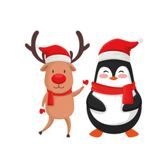 reindeer with penguin characters merry christmas vector illustration design