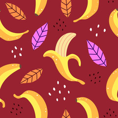 Naklejka premium Seamless pattern with cartoon bananas, leaves, decor elements on a neutral background. vector flat style. hand drawing. design for fabric, textile, print, wrapper