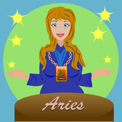 blonde astrologer with ram sign of fire signs at the table and smiling with stars