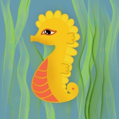 Cartoon attractive and cute seahorse yellow underwater among the algae, digital raster illustration, for a children's book, print, congratulations, underwater world and his inhabitants