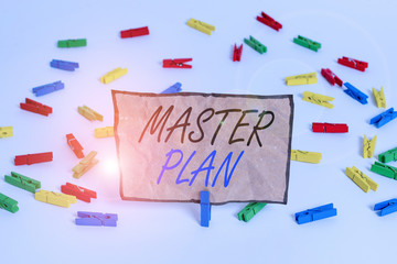 Handwriting text writing Master Plan. Conceptual photo dynamic longterm planning document Comprehensive plan of action Colored clothespin papers empty reminder white floor background office