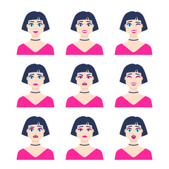 Set of young female icon with emotions in cartoon style. Girl avatar profile with facial expression. Characters portraits in bright colors. Isolated vector illustration in flat design