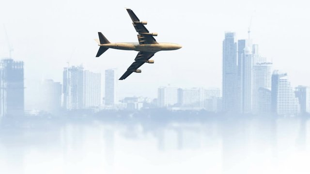 airplane flying over city