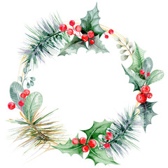 hand-drawn watercolor wreath of fir branches of coniferous tree and red berries and leaves on a white isolated background for use in the design of invitations, congratulations, postcard