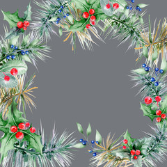 hand-drawn watercolor wreath of fir branches of coniferous tree and red, blue berries and leaves on a gray background for use in the design of cards, invitations, greetings