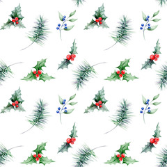 hand-drawn watercolor pattern fir branch, blue and red berries on a white seamless background for use in design, wrapping paper, textile, fashion, wallpaper