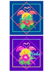 Neon violet and blue t-shirt backgrounds variation with aloha lettering, colorful tropical floral Hawaiian print and pair of cute pink flamingos