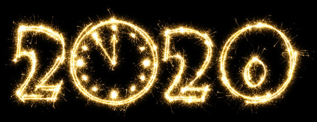 New Year 2020 with clock made by sparkler . Number 2020 and sign written sparkling sparklers . Isolated on a black background . Overlay template for holiday greeting card .