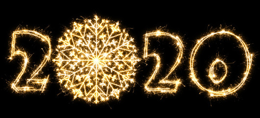 New Year 2020 with snowflake made by sparkler . Number 2020 and sign written sparkling sparklers . Isolated on a black background . Overlay template for holiday greeting card .