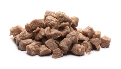 Dog, cat food pile isolated on white background