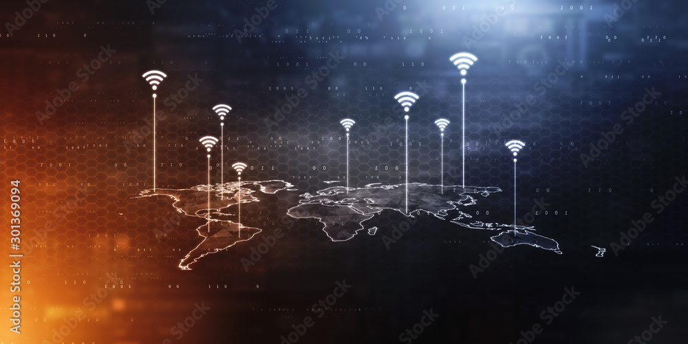 Poster 2d rendering Red map pointer with world map
