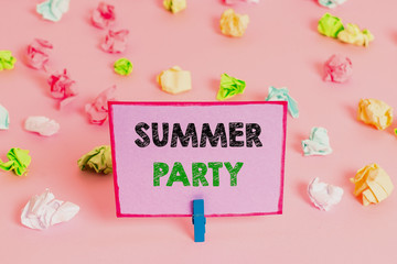 Writing note showing Summer Party. Business concept for social gathering held during summer season or school break Colored crumpled papers empty reminder pink floor background clothespin