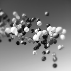 lots of balloons flying in the sky. monochrome, black and white