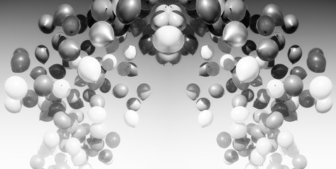 lots of balloons flying in the sky. monochrome, black and white