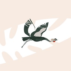 Hand drawn vector abstract cartoon modern graphic African Safari Nature concept illustrations art with flying Crane bird isolated on pastel color background