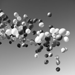 lots of balloons flying in the sky. monochrome, black and white