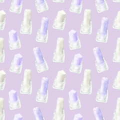 Watercolor colored candles in glass candlesticks seamless pattern. Hand drawn illustration on pastel purple background for cards, decoration, wrapping paper, home design.