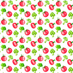 Hand drawn watercolor seamless pattern with ripe tomatoes and broccoli. Food bright illustration. Isolated vegetables elements on white background.