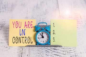 Writing note showing You Are In Control. Business concept for Responsibility over a situation...