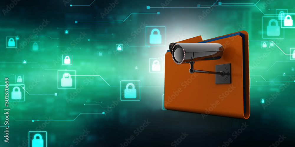 Poster 3d rendering surveillance cctv security camera with folder