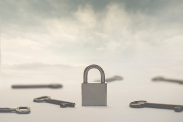 surreal image of infinite keys as a solution to a single padlock or problem, concept of choice,...