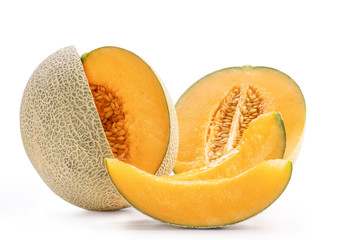 Beautiful tasty sliced juicy cantaloupe melon, muskmelon, rock melon isolated on white background, close up, clipping path, cut out.