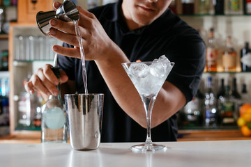 Barman making cocktail on bar counter
