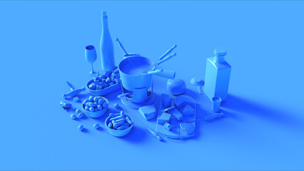 Blue Fondue Set Pot Wine an Glass Bottle with a Cork and Wine Glasses Cheese an Bread Gold Knife and Fork Bowl of Olives 3d illustration 3d render