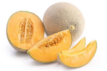 Beautiful tasty sliced juicy cantaloupe melon, muskmelon, rock melon isolated on white background, close up, clipping path, cut out.