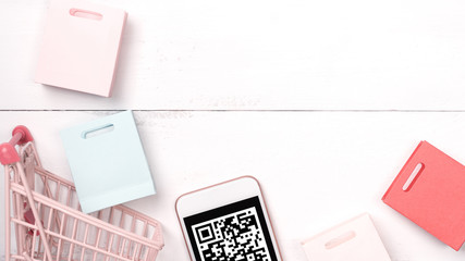 Abstract online shopping, mobile payment with QR code design concept element, colorful cart, paper...