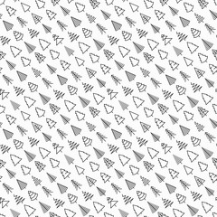 Seamless pattern with Christmas trees in different shapes. Minimalistic simple thin line icons. Vector illustration for greeting card, Christmas and New Year decoration.