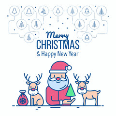 Cute Santa Claus and deers template with copy space. Christmas and New Year greeting card. Thin line icons. Modern vector illustration.