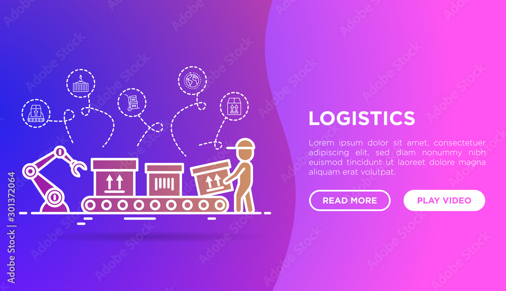 Poster logistics web page template. forklift loader puts packages with sign this side up on conveyor belt a