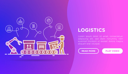 Logistics web page template. Forklift loader puts packages with sign this side up on conveyor belt and mover takes it.  Thin line icons. Vector illustration with copy space.