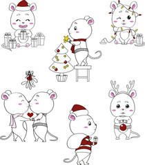 Set of six cute mice. New Year and Christmas mouse cartoon doodle. Year of the mouse-rat 2020. Vector outline illustration drawings on a white background.