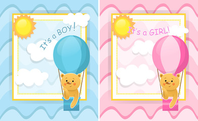Baby shower boy and girl, invitation card set. Greeting cards. Vector illustration.