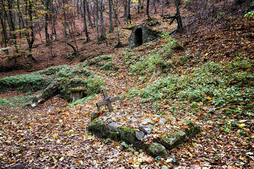 grab im wald im herbst, in hintergrund ein eingang in eine Höhle