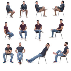 men sitting in various ways in a chair