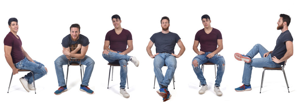 men sitting in various ways in a chair